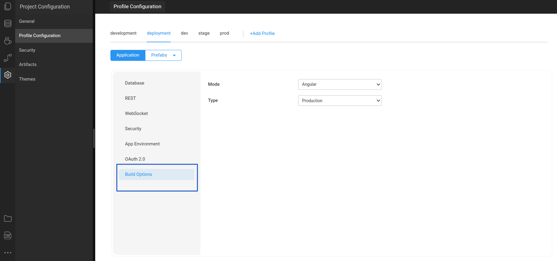 Build Options configuration in WaveMaker Studio